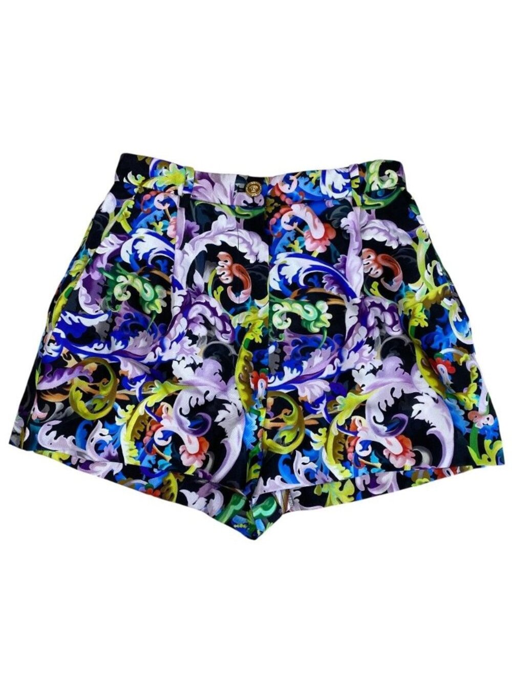 Versace Print Shorts All Over Pattern Black Multicolor Silk Pants